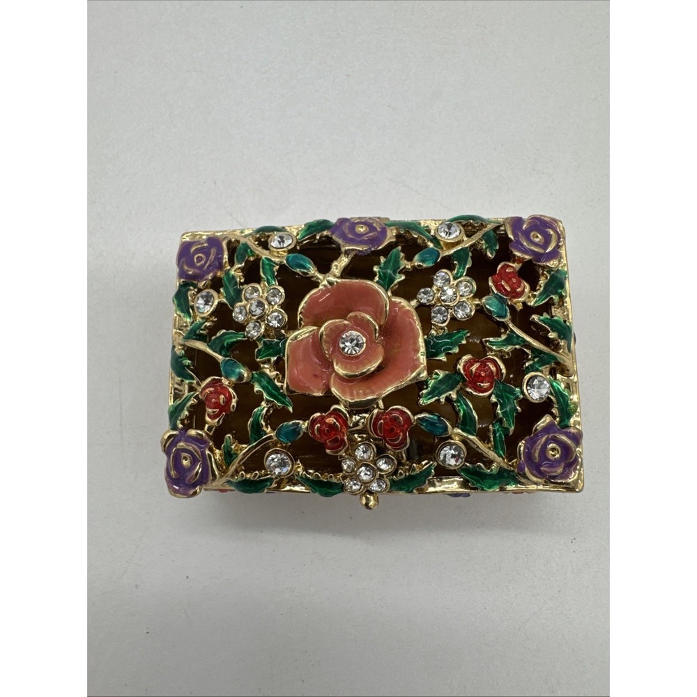 Metal & Enamel Trinket Box, Hinged with Magnetic Closure Floral Rhinestones